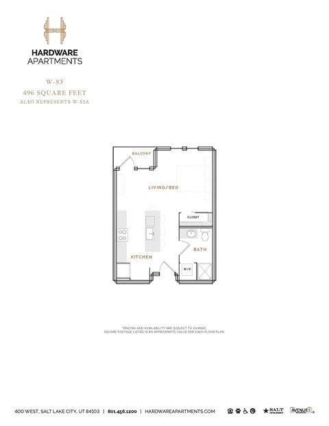 Floor plan for studio, 1 bath, 530 sqft